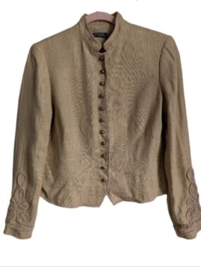 Ralph Lauren Linen Herringbone Military Jacket Blazer soutache trim Gold Size 10